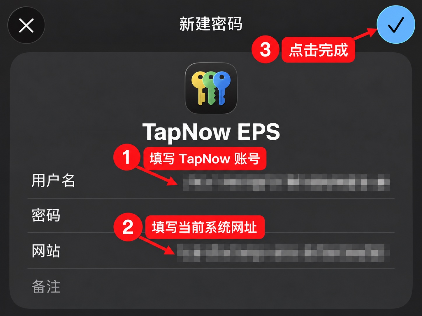 在 Apple 密码中创建 TapNow 条目,邮箱与网址已打码